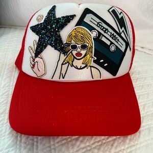 Red Trucker Hat with Graphic Designs for the Taylor Swift fan**